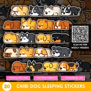Puede incluir: Una colección de 20 pegatinas chibi de perros durmiendo en varias razas y colores, incluyendo beige, negro, blanco y marrón. Las pegatinas están en varias poses y tienen un estilo de dibujos animados. La imagen también incluye un código QR y el texto "SCAN ME FOR WEEKLY FREEBIES".