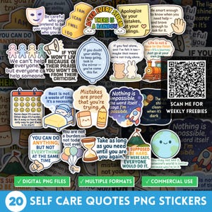 Op de afbeelding: Een verzameling van 20 PNG-stickers met zelfzorgcitaten. De stickers bevatten verschillende motiverende zinnen en illustraties, waaronder een regenboog, een raket en een kalender. De stickers zijn beschikbaar in meerdere formaten en voor commercieel gebruik.