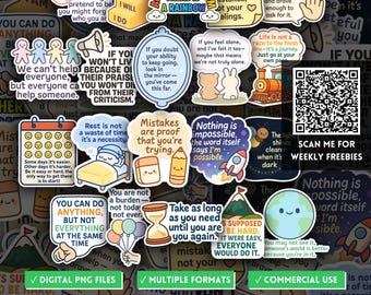 Op de afbeelding: Een verzameling van 20 PNG-stickers met zelfzorgcitaten. De stickers bevatten verschillende motiverende zinnen en illustraties, waaronder een regenboog, een raket en een kalender. De stickers zijn beschikbaar in meerdere formaten en voor commercieel gebruik.
