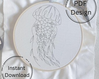 Floral Jellyfish Embroidery Pattern: Modern Ocean Hoop Art (PDF Download)