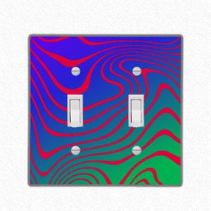 May include: A light switch cover with a psychedelic design featuring red and blue wavy lines on a gradient background.