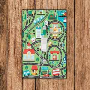 Interruptor de luz para habitación de niños, basculante o tomacorriente, cubierta de paleta dúplex, placa de pared con mapa de la ciudad, carretera y coche