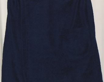 May include: A dark blue wrap skirt made of terry cloth with a single pocket on the right side.