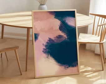 Humeurige blauwe en roze abstracte kunstprint: hedendaagse penseelstreken (digitale download)