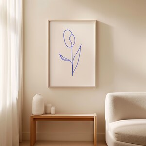 Dessin au trait bleu, impression de fleurs, décoration murale florale minimaliste, impression d'art mural contour de fleurs, affiche d'art floral abstrait