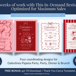 May include: Four coordinating Galentine's Day designs for a pajama party, dinner, brunch, and party. Each design features a unique layout with pink and red color schemes, and decorative elements. The text includes event details.