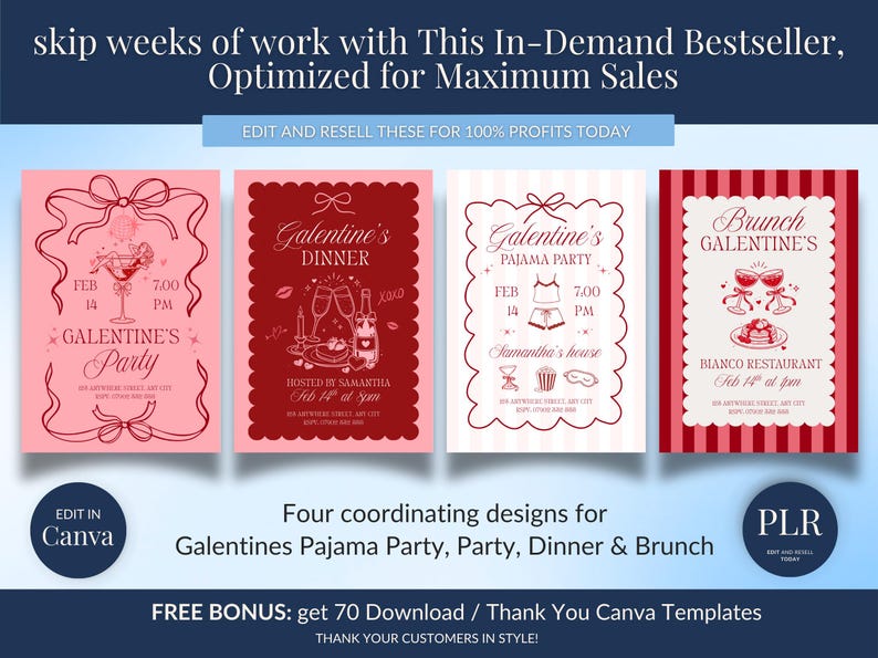 May include: Four coordinating Galentine's Day designs for a pajama party, dinner, brunch, and party. Each design features a unique layout with pink and red color schemes, and decorative elements. The text includes event details.
