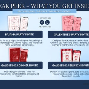 May include: Promotional image showcasing invitation designs for Galentine's events. Includes Pajama Party, Party, Dinner, and Brunch invites, displayed as A5 and phone-sized mockups. The invites feature a pink and white color scheme with decorative elements.