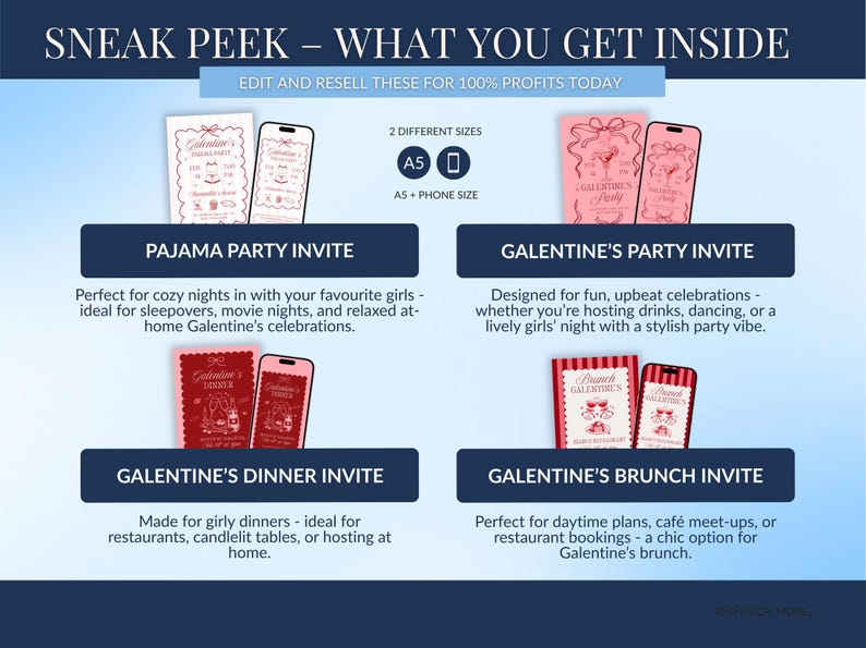 May include: Promotional image showcasing invitation designs for Galentine's events. Includes Pajama Party, Party, Dinner, and Brunch invites, displayed as A5 and phone-sized mockups. The invites feature a pink and white color scheme with decorative elements.