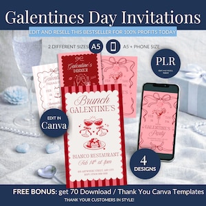 May include: Galentine's Day invitation templates in various designs. Includes invitations for dinner, brunch, and a party, with options for A5 and phone sizes. The invitations are in red and pink with decorative elements.