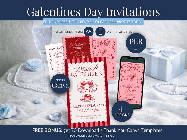 May include: Galentine's Day invitation templates in various designs. Includes invitations for dinner, brunch, and a party, with options for A5 and phone sizes. The invitations are in red and pink with decorative elements.