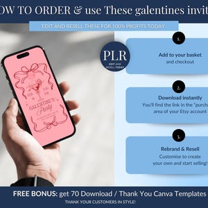 May include: A smartphone displays a pink Galentine's Party invitation design. The image includes instructions on how to order and use the invites, with steps for adding to the basket, downloading, and rebranding. Text reads "Edit and Resell These for 100% Profits Today."