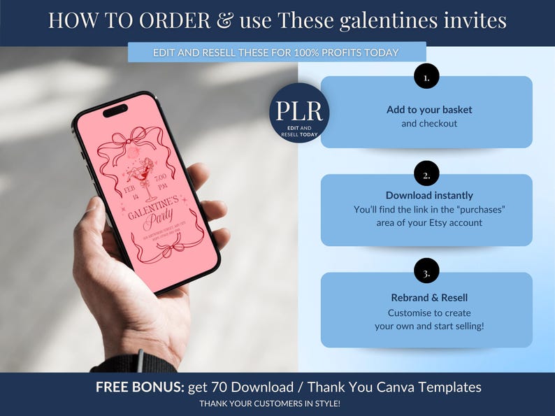 May include: A smartphone displays a pink Galentine's Party invitation design. The image includes instructions on how to order and use the invites, with steps for adding to the basket, downloading, and rebranding. Text reads "Edit and Resell These for 100% Profits Today."