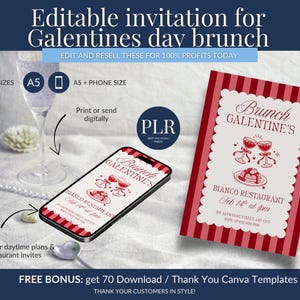 May include: An invitation design for a Galentine's Day brunch, featuring a red and white color scheme. The design includes a smartphone displaying the invitation, a printed invitation, and text that reads "Brunch Galentine's".