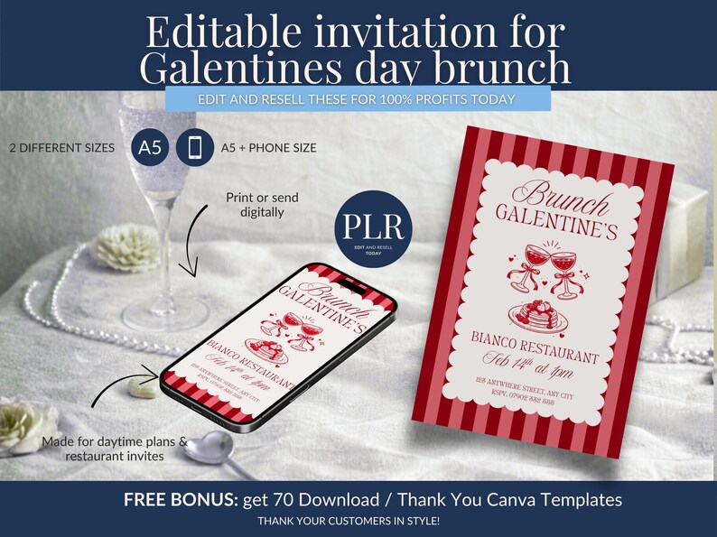 May include: An invitation design for a Galentine's Day brunch, featuring a red and white color scheme. The design includes a smartphone displaying the invitation, a printed invitation, and text that reads "Brunch Galentine's".