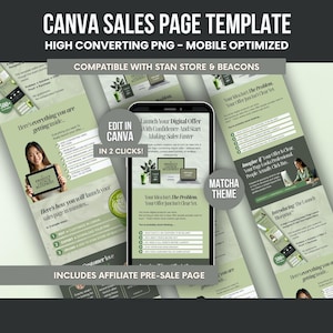 May include: A Canva sales page template graphic with a mobile phone displaying a sales page design. The design features a green and white color scheme with the text "Launch Your Digital Offer With Confidence". The image also includes the text "Edit in Canva in 2 clicks!"