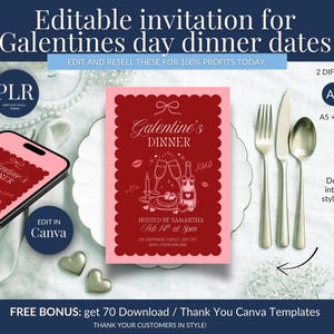 May include: A pink and red Galentine's Day dinner invitation with a scalloped edge, featuring champagne glasses and a bottle. A smartphone displays the invitation. Silverware and heart-shaped decorations are also present. Text includes "Galentine's Dinner".