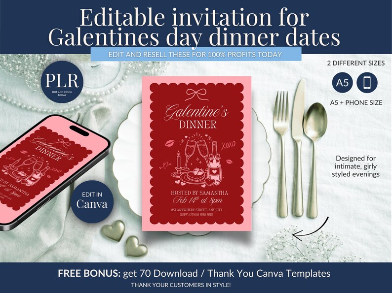 May include: A pink and red Galentine's Day dinner invitation with a scalloped edge, featuring champagne glasses and a bottle. A smartphone displays the invitation. Silverware and heart-shaped decorations are also present. Text includes "Galentine's Dinner".