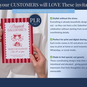 May include: A red and white invitation for a Galentine's brunch, held at Bianco Restaurant on February 14th at 4 pm. The invitation features a scalloped border and illustrations of wine glasses and a dessert.