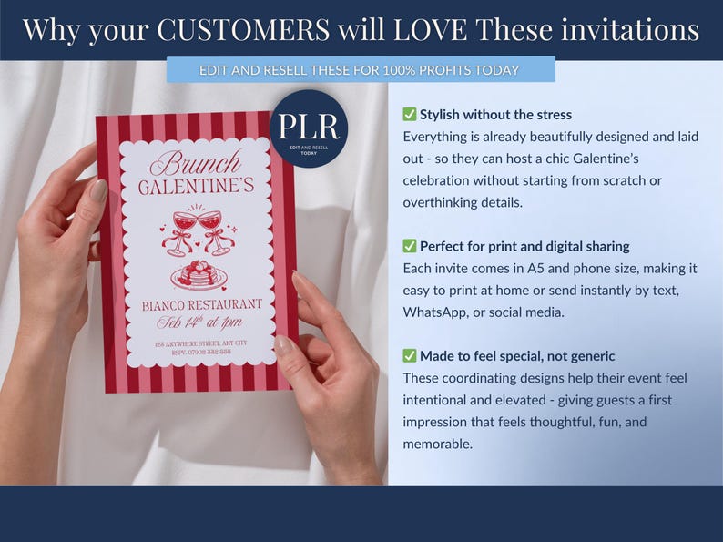May include: A red and white invitation for a Galentine's brunch, held at Bianco Restaurant on February 14th at 4 pm. The invitation features a scalloped border and illustrations of wine glasses and a dessert.