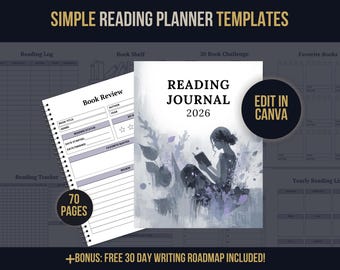 Simple Reading Planner Template Canva, Reading Journal Pages PLR, Book Tracker Printable, Resell Digital Planner, MRR PLR Canva Template