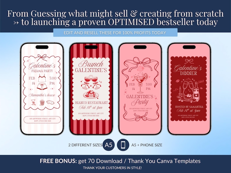 May include: Four smartphone mockups with Galentine's Day party invitations. Designs include a pajama party, brunch, and dinner, with pink and red color schemes. The text includes event details and the phrase "Edit and Resell These for 100% Profits Today."