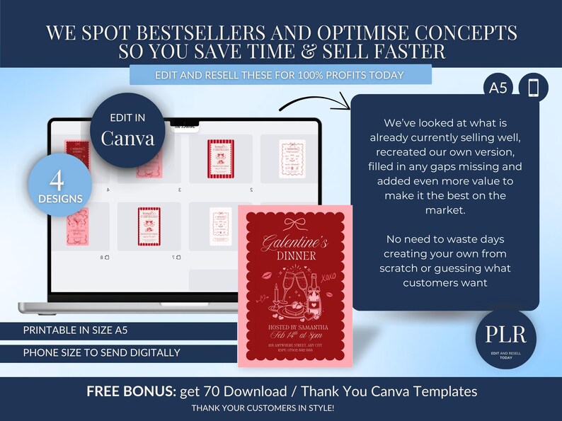 May include: A laptop screen displays invitation designs, including a pink Galentine's Dinner card. The image promotes editable templates for resale, with the text "Edit in Canva" and "4 Designs." The design is printable in A5 size and phone-ready.