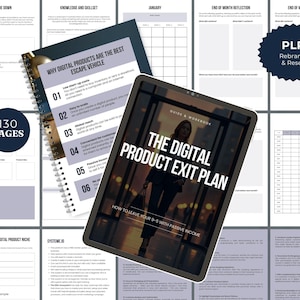 May include: A digital product guide and workbook titled "The Digital Product Exit Plan" on a tablet, with a spiral-bound notebook and a "PLR Rebrand & Resell" badge. The image also shows a page count of 130 pages.
