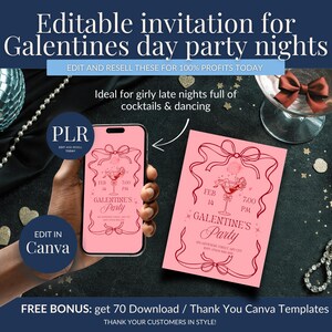 May include: Pink Galentine's Day party invitation design. The invitation features a cocktail glass illustration and the text "Galentine's Party". The image includes a smartphone displaying the invitation, a printed invitation, and party decorations.