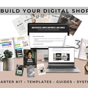 May include: A promotional image featuring a laptop, smartphone, and various printed guides and templates. The text "BUILD YOUR DIGITAL SHOP" and "MASTER RESELL RIGHTS AND PRIVATE LABEL RIGHTS" are visible. The image also includes a potted plant and decorative items.