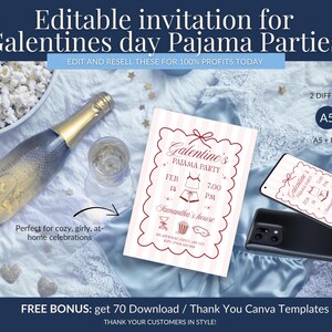 May include: An invitation for a Galentine's Day pajama party, featuring a design with a pajama set illustration. The image includes a champagne bottle, a glass of champagne, and a smartphone displaying the invitation. Text reads "Editable invitation for Galentines day Pajama Parties".