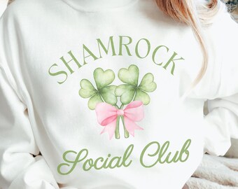 St. Patricks Day Sweatshirt, "Shamrock Social Club", Social Club Crewneck for Women, Coquette Bow and Shamrocks, Clover Sweatshirt