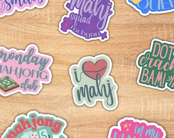 Mahjong Kiss Cut Stickers, “I love Mahj”, “Tiles and Smiles”, “Monday Mahjong Club”, “Mahj Squad”, “Dot Crack Bam”, Mahjong Gift