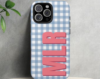 Personalized Checkered Phone Case, Custom Monogram, Light Blue & Pink