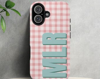 Custom Monogram Checkered Phone Case, Light Pink & Green