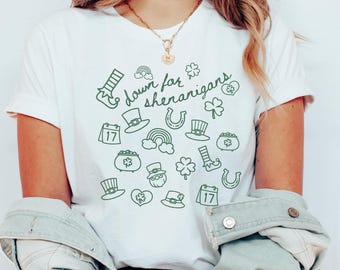 St. Patrick's Day Shirt - "Down for Shenanigans" Doodle Shirt - Shamrocks, Leprechauns, Rainbows, Clovers & Pots of Gold, Lucky, Line Art