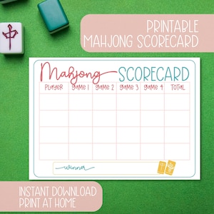 May include: A printable Mahjong scorecard with a pink and teal design. The scorecard includes spaces for players, game scores, and a total. The words "Mahjong SCORECARD" are written at the top. The text "INSTANT DOWNLOAD PRINT AT HOME" is at the bottom.