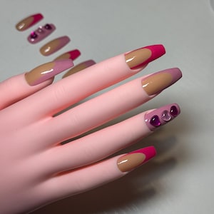 Pink French Tip Press-On Acrylic Nails with Pink Heart Gems
