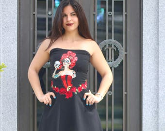 Day of the Dead  dress pinup sugar skull red rose black strapless size small stage wear up-cycled fashion Its Me Designs street wear fashion