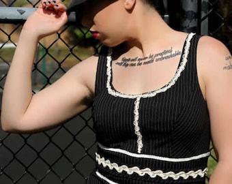 pinstripe dress vintage pistols lace pearl trims size 7/8 Its Me Designs up-cycled fashion stage wear hipster rocknroll fashion