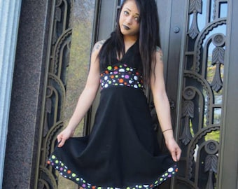 dress ladies juniors size 11 Halloween fashion polka dots halter up-cycled fashion halter dress goth fashion resort wear It's Me Designs