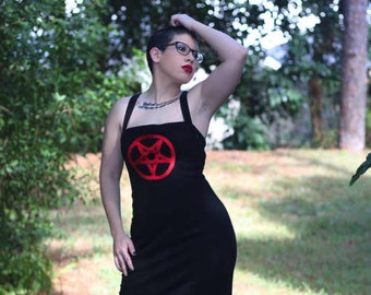 pentacle pentagram dress Wicca goth fashion Its Me Designs up-cycled fashion witches stage wear rocker size 8 red black