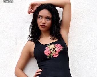 skulls pink roses dress ladies size 3/4 stage wear cocktail dress It's Me Designs up-cycle fashion goth fashion rocker Day of the Dead