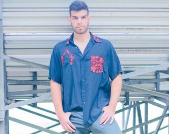 blood splatter shirt pistols gun short sleeve mens button down up-cycled fashion Its Me Designs stage wear goth fashion size X-large