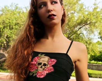 skulls pink roses gown dress size woman's small up-cycled fashion It's Me Designs goth fashion tattoo stage wear goth prom goth wedding