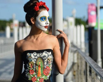 Day of the Dead Dress Virgin of Guadalupe Up-cycled fashion roses strapless crinoline sugar skulls street wear fashion flokloric fashion