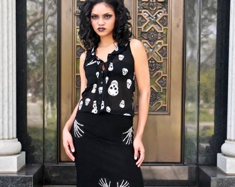 cráneo manos falda de mujer wiggle falda pinup rockabilly up-cycled moda It's Me Designs rocker grande Día de los muertos desgaste moda gésto