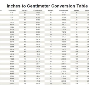 May include: A conversion table showing the equivalent measurements in inches and centimeters. The table lists measurements from 0 to 119 inches and their corresponding values in centimeters.