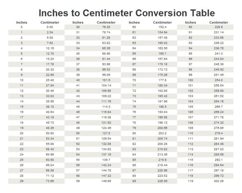 May include: A conversion table showing the equivalent measurements in inches and centimeters. The table lists measurements from 0 to 119 inches and their corresponding values in centimeters.