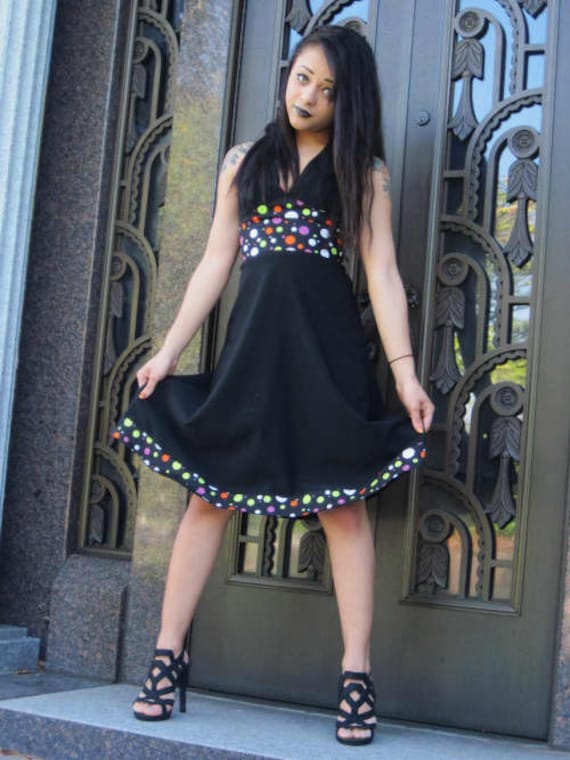 dress ladies juniors size 11 Halloween fashion polka dots halter up-cycled fashion halter dress goth fashion resort wear It's Me Designs